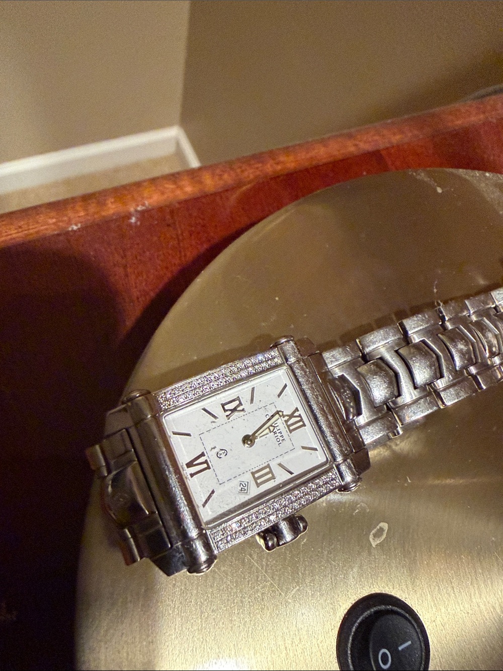 Silver Rectangular Stainless Wristwatch with double rows of diamonds each side